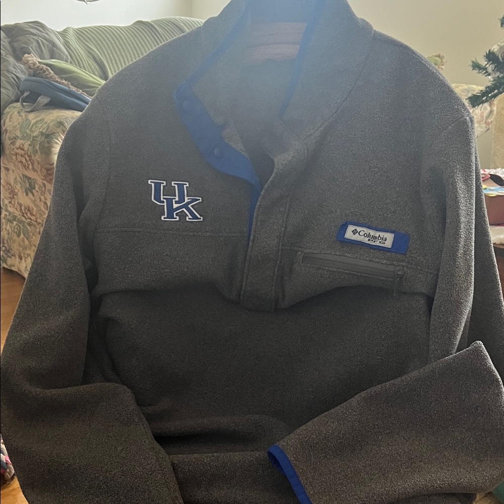Columbia Men's Gray Zip-Up Sweater with Blue Accents